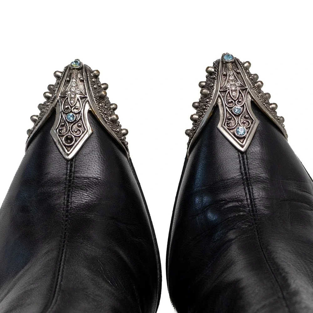 Vicini Black Leather Crystal Embellished Pointed Toe Ankle Boots EU 36 US 6